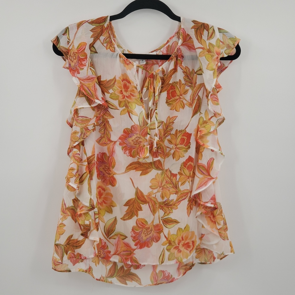 ♧♧ Rose and Olive Sheer Floral Ruffled Top White and Orange Yellow Size Medium